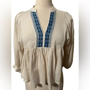 Banana Republic Bohemian Top w/Mandarin collar,Blue embroidered detail Size XXS
